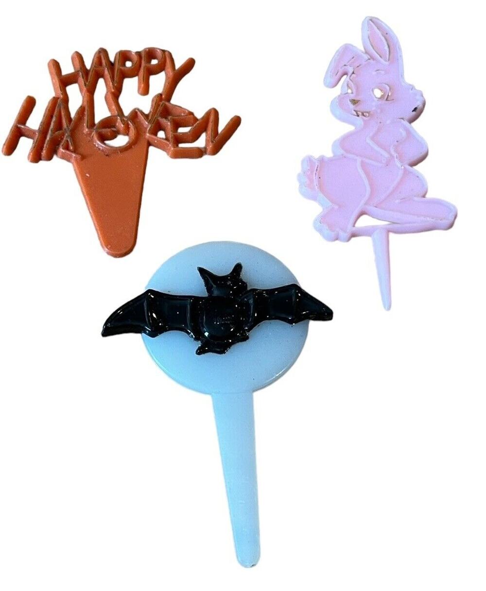 Vintage Halloween & Easter Cake Toppers Cupcake Bunny Bat Lot of 3
